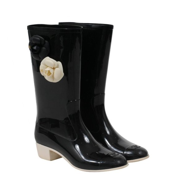 Chanel Womens Camellia Rain Boots IT 42 US 12 Black Rubber Embellished CC Flower - Picture 1 of 8